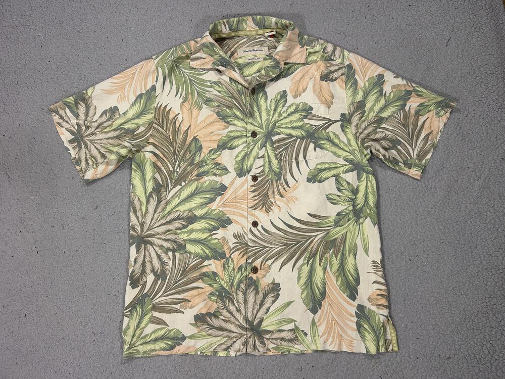 Tommy Bahama Shirt Mens Small Silk Palm Leaf Hawaiian Aloha Camp Beige Tropical